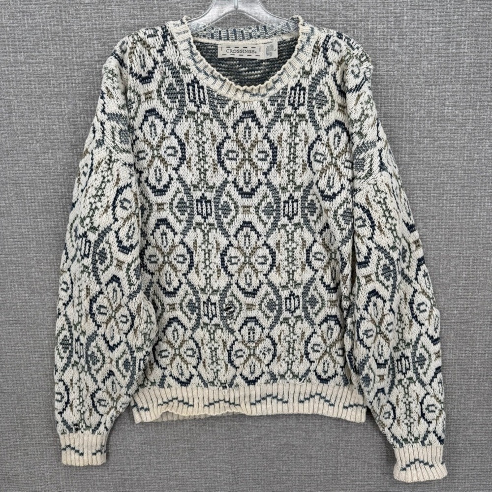 Vtg Crossings Geometric Knit Sweater Mens L Cream Blue Cotton Coogi Style